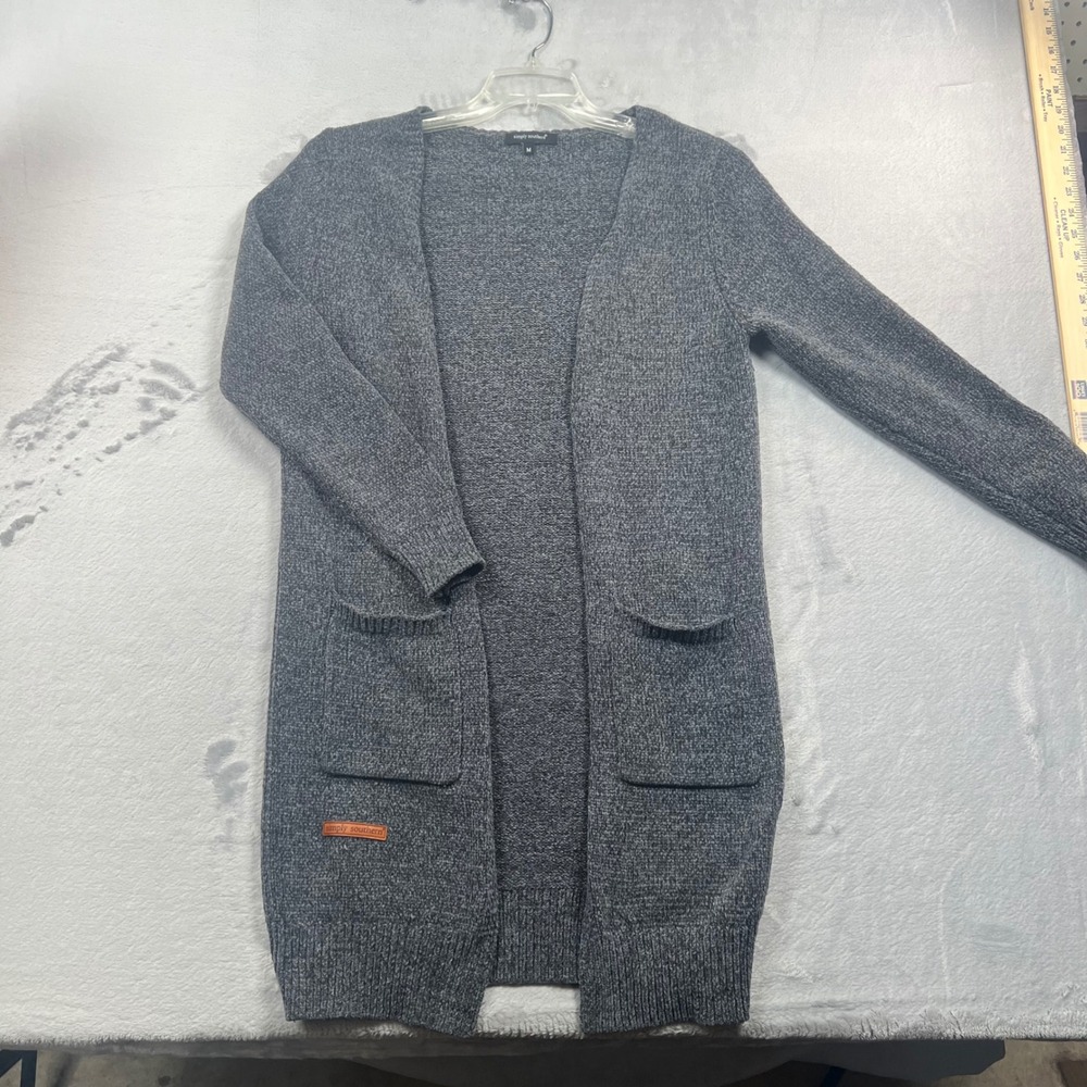 Simply Southern Cardigan Women Medium Gray Longline Open Front Pocket Sweater